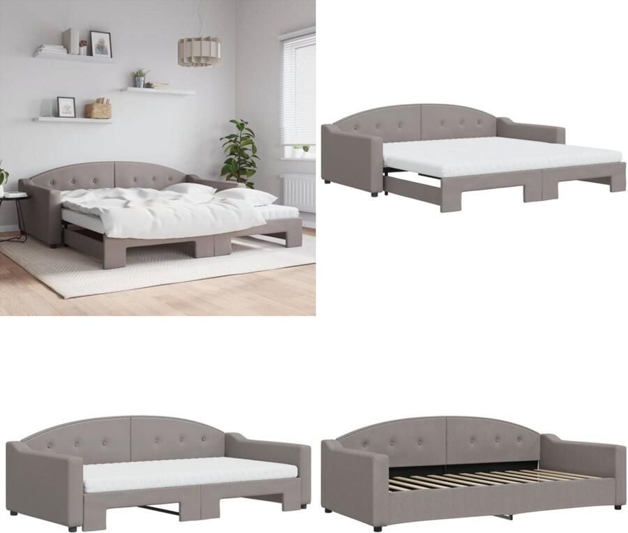 VidaXL Slaapbank met onderschuifbed en matrassen 100x200 cm stof taupe Slaapbank Met Onderschuifbed Slaapbanken Met Onderschuifbedden Slaapbank Bedbank