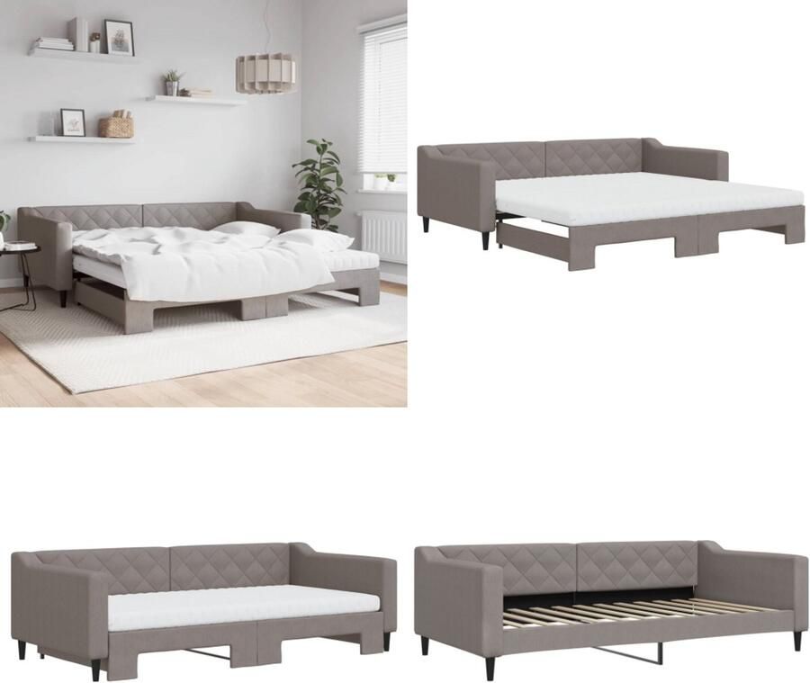 VidaXL Slaapbank met onderschuifbed en matrassen 100x200 cm stof taupe Slaapbank Met Onderschuifbed Slaapbanken Met Onderschuifbedden Slaapbank Bedbank