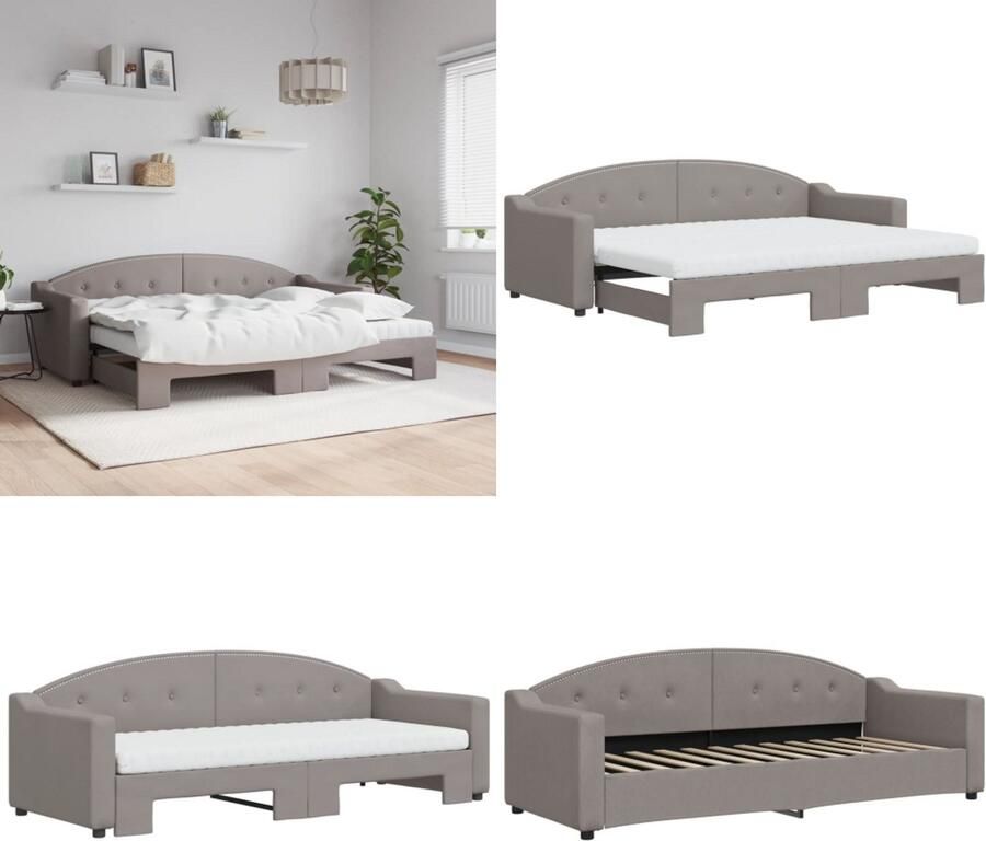 VidaXL Slaapbank met onderschuifbed en matrassen 80x200 cm stof taupe Slaapbank Met Onderschuifbed Slaapbanken Met Onderschuifbedden Slaapbank Bedbank