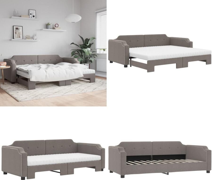 VidaXL Slaapbank met onderschuifbed en matrassen 80x200 cm stof taupe Slaapbank Met Onderschuifbed Slaapbanken Met Onderschuifbedden Slaapbank Bedbank