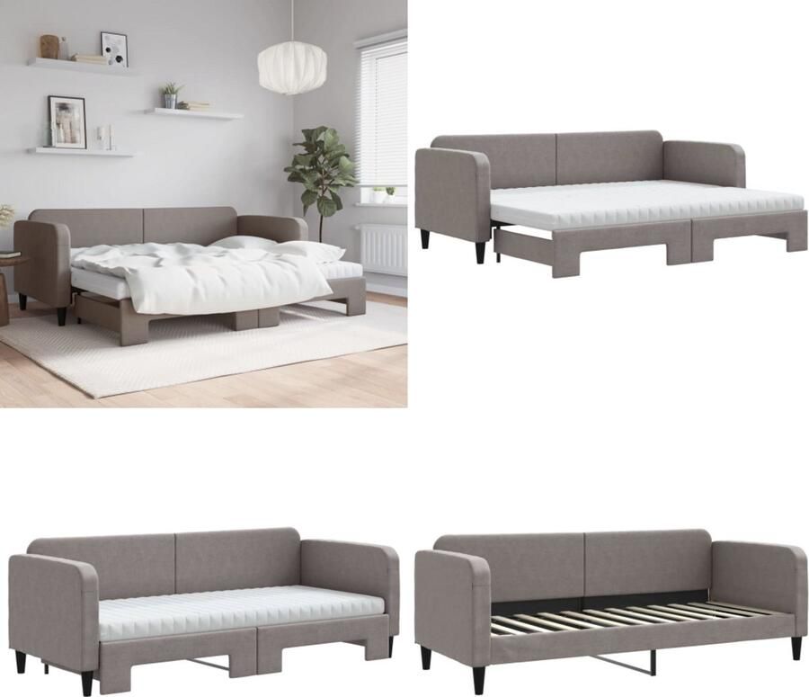 VidaXL Slaapbank met onderschuifbed en matrassen 80x200 cm stof taupe Slaapbank Met Onderschuifbed Slaapbanken Met Onderschuifbedden Slaapbank Bedbank