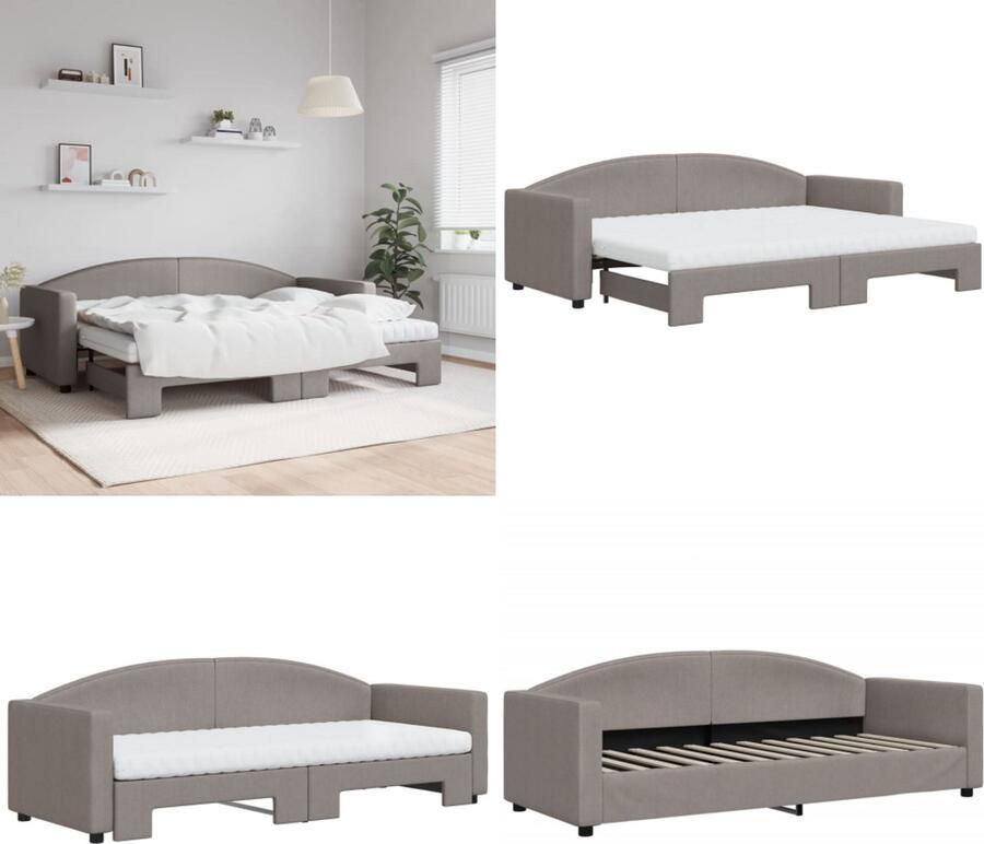 VidaXL Slaapbank met onderschuifbed en matrassen 80x200 cm stof taupe Slaapbank Met Onderschuifbed Slaapbanken Met Onderschuifbedden Slaapbank Bedbank