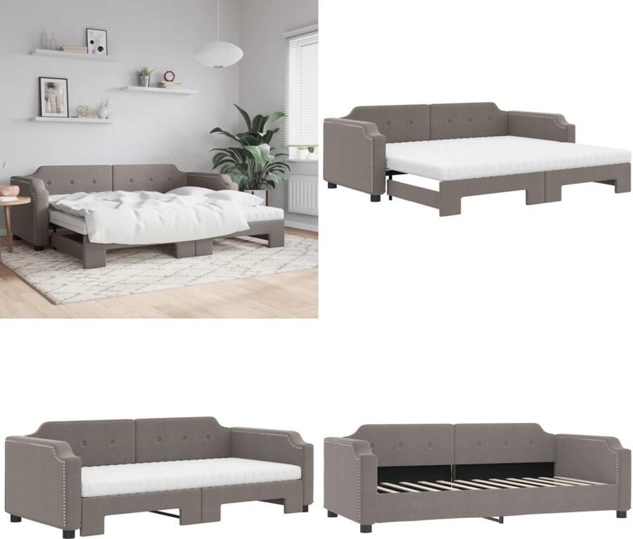 VidaXL Slaapbank met onderschuifbed en matrassen 90x200 cm stof taupe Slaapbank Met Onderschuifbed Slaapbanken Met Onderschuifbedden Slaapbank Bedbank