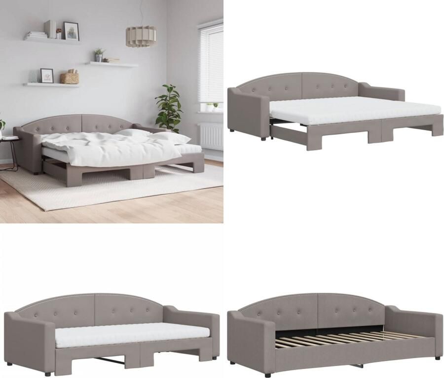 VidaXL Slaapbank met onderschuifbed en matrassen 90x200 cm stof taupe Slaapbank Met Onderschuifbed Slaapbanken Met Onderschuifbedden Slaapbank Bedbank