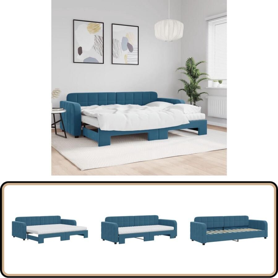 VidaXL Slaapbank met onderschuifbed en matrassen Blauw Slaapbank Tweepersoonsbed Sofa Bed Blauwe Meubels Fluweel Meubel