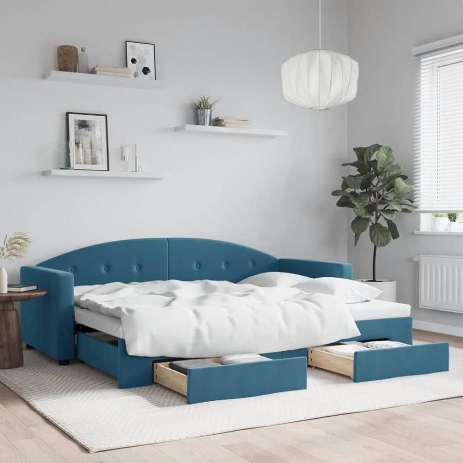 VidaXL Slaapbank met onderschuifbed Fluweel Blauw Slaapbank Sofa Bed Tweepersoonsbed Onder Schuifbed Opberglaadjes Lounge Meubilair Living Room Furniture Bedroom Furniture