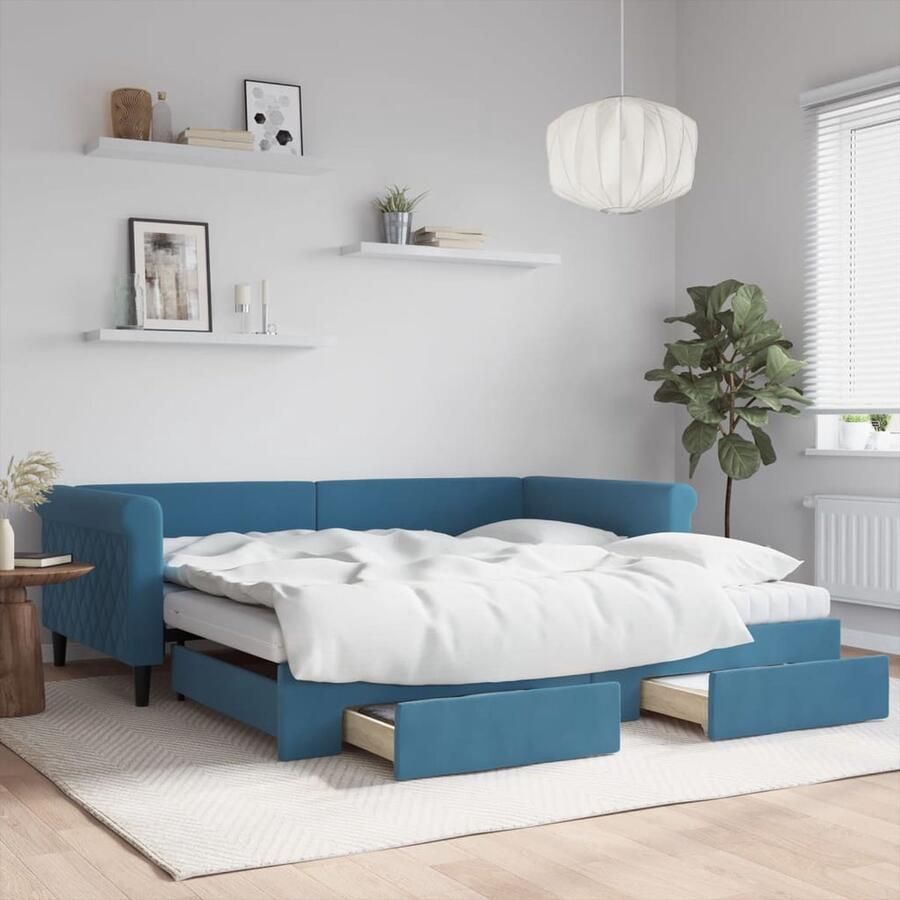 VidaXL Slaapbank met onderschuifbed Fluweel Blauw Slaapbank Tweepersoonsbed Onder Schuifbed Opbergruimte Blauwe Slaapbank Fluweelslaapbank Veelzijdige Meubels Living Room Furniture Bedroom Furniture - Foto 2