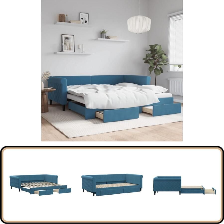 VidaXL Slaapbank met onderschuifbed Fluweel Blauw Slaapbank Tweepersoonsbed Sofa Bed Fluweelsofa Blauwe Meubels