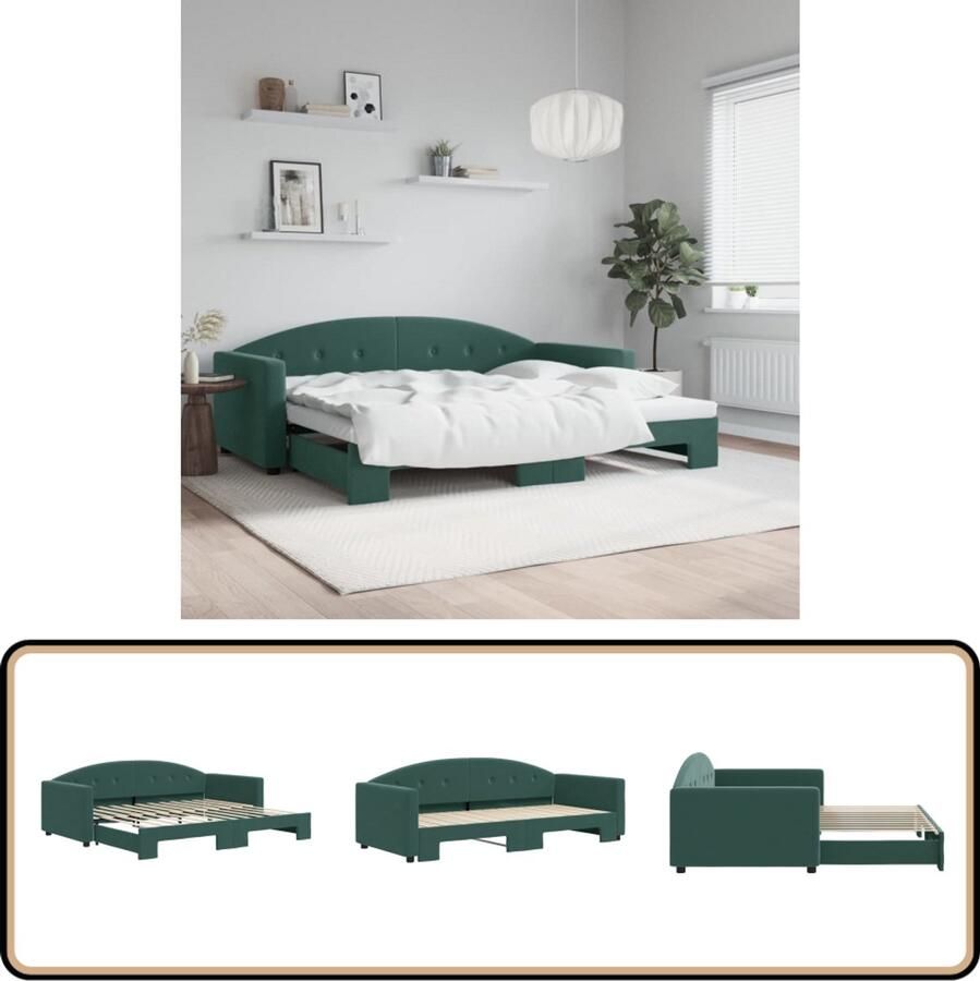 VidaXL Slaapbank met onderschuifbed Fluweel Groen Slaapbank Sofa Bed 2-in-1 Bank Donkere Groene Bank Fluweelb Bank Lounge Meubilair Guest Bed Compact Bed Living Room Furniture