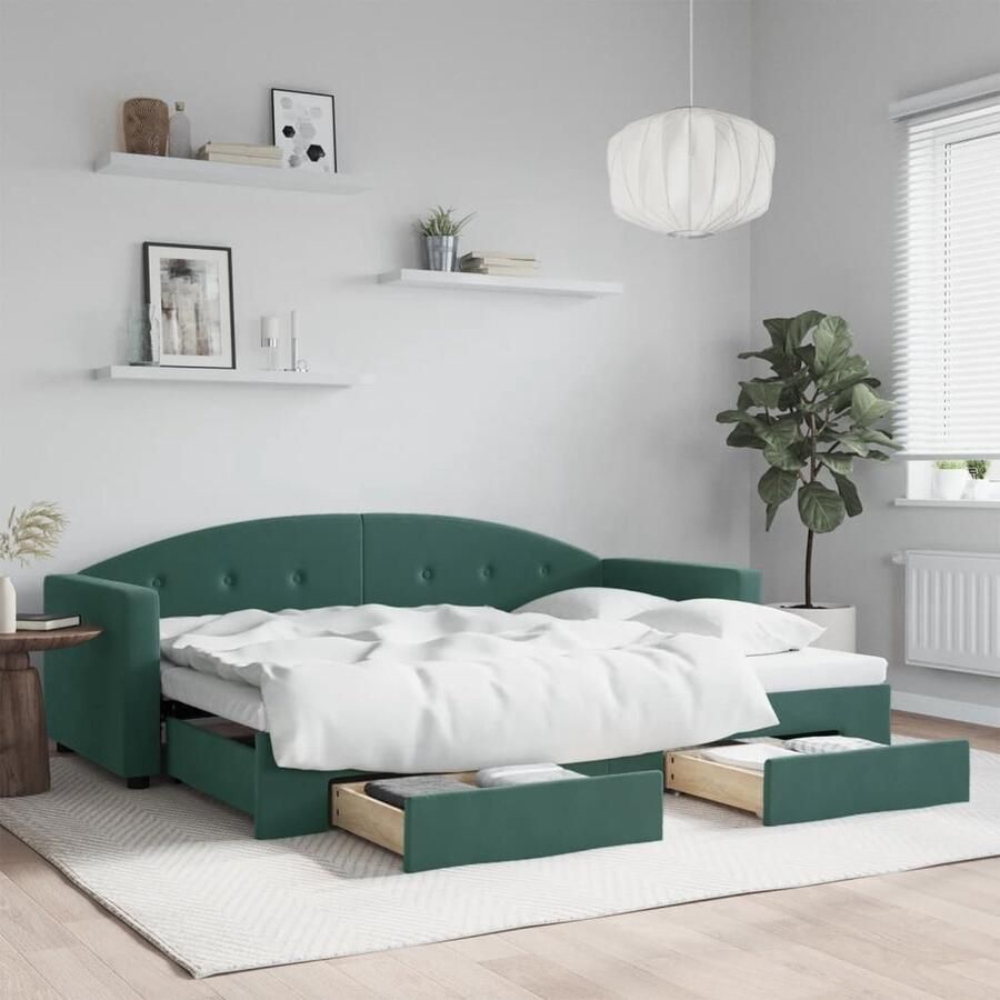 VidaXL Slaapbank met onderschuifbed Fluweel Groen Slaapbank Sofa Bed Tweepersoons Bed Donkere Kleuren Fluweelsofa Onderbed Opslagmogelijkheden Designmeubel - Foto 2