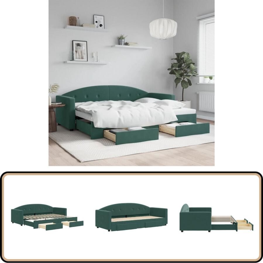 VidaXL Slaapbank met onderschuifbed Fluweel Groen Slaapbank Sofa Bed Tweepersoons Bed Donkere Kleuren Fluweelsofa Onderbed Opslagmogelijkheden Designmeubel