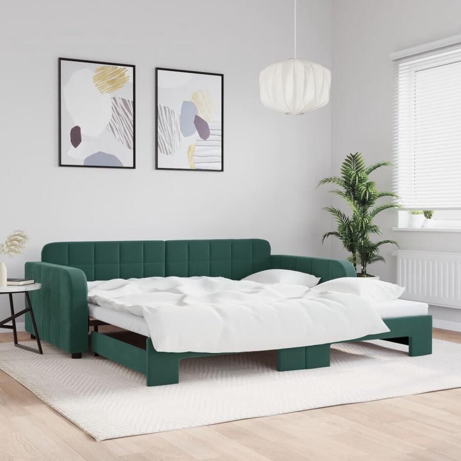 VidaXL Slaapbank met onderschuifbed Fluweel Groen Slaapbank Velours Bank Donkere Bank Tweepersoons Bank Multifunctioneel Meubilair Woonkamermeubels Slaapkamermeubels Guest Bed Compact Design Stapelbare Bank - Foto 2