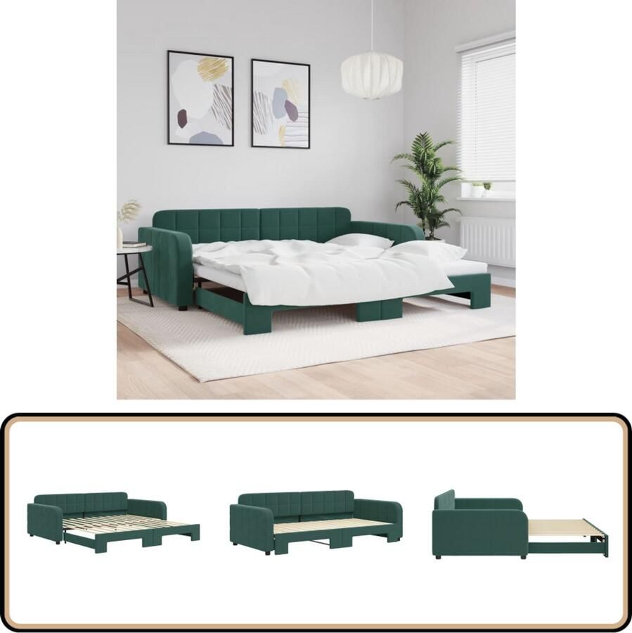 VidaXL Slaapbank met onderschuifbed Fluweel Groen Slaapbank Velours Bank Donkere Bank Tweepersoons Bank Multifunctioneel Meubilair Woonkamermeubels Slaapkamermeubels Guest Bed Compact Design Stapelbare Bank