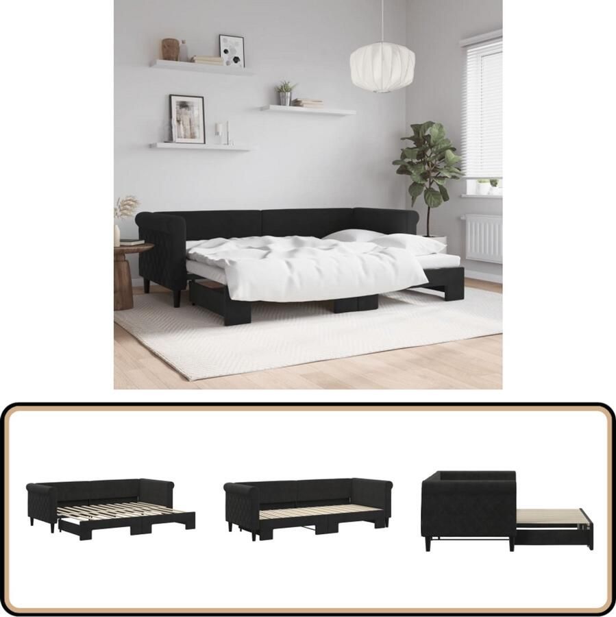 VidaXL Slaapbank met onderschuifbed Fluweel Zwart Slaapbank Tweepersoons Bed Sofa Bed Zwarte Slaapbank Velvet Slaapbank