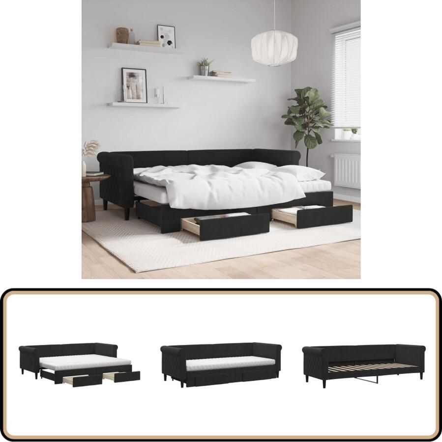 VidaXL Slaapbank met onderschuifbed Fluweel Zwart Slaapbank Tweepersoons Bed Zwarte Meubels Designmeubilair Lounge Sofa Multifunctionele Meubels Opslagoplossing Guest Bed
