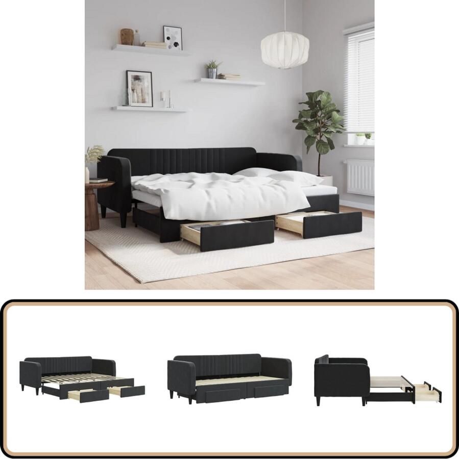 VidaXL Slaapbank met onderschuifbed Fluweel Zwart Slaapbank Tweepersoonsbed Onderschuifbed Lounge Sofa Zitmeubel