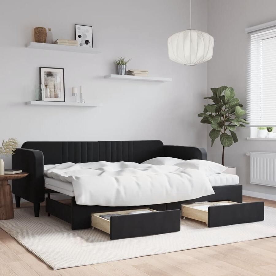 VidaXL Slaapbank met onderschuifbed Fluweel Zwart Slaapbank Tweepersoonsbed Sofa Bed Fluweelsofa Zwarte Slaapbank Designmeubel Multifunctioneel Meubilair Opslagmogelijkheden - Foto 2