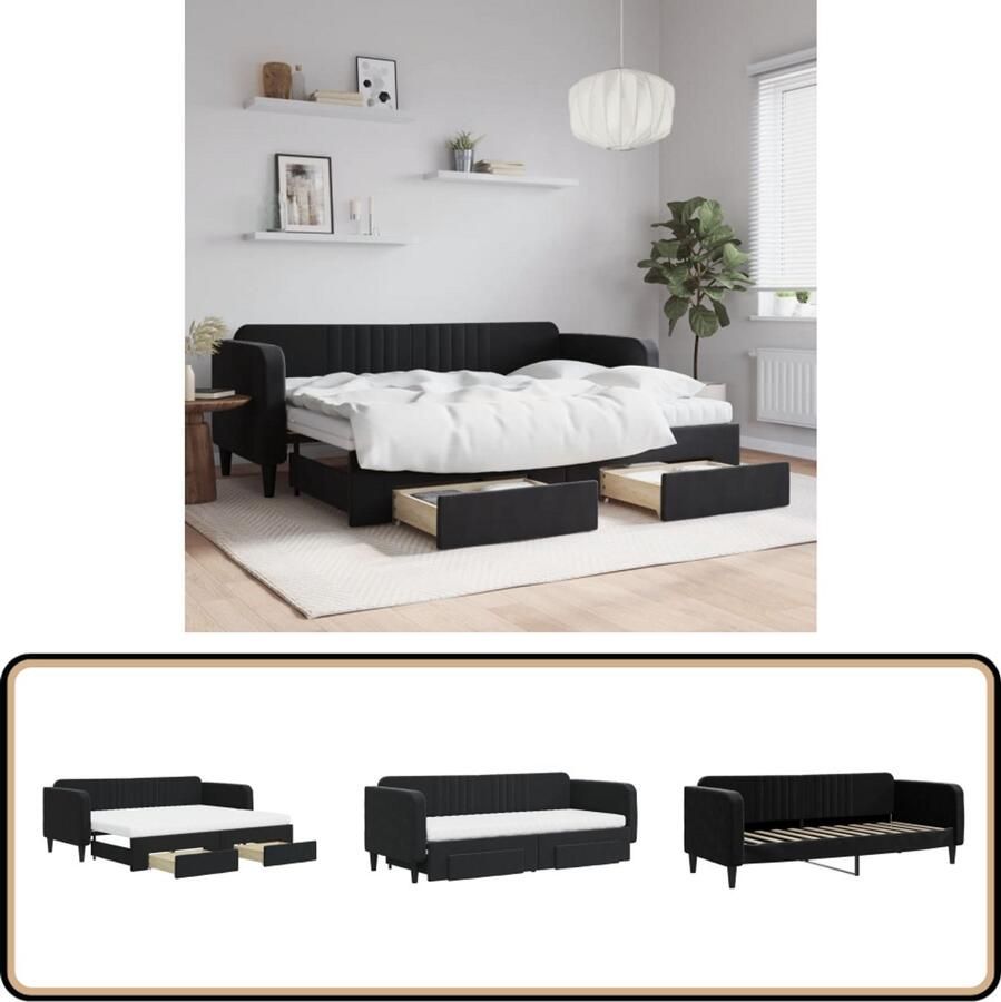 VidaXL Slaapbank met onderschuifbed Fluweel Zwart Slaapbank Tweepersoonsbed Sofa Bed Fluweelsofa Zwarte Slaapbank Designmeubel Multifunctioneel Meubilair Opslagmogelijkheden