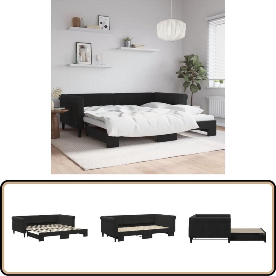 VidaXL Slaapbank met onderschuifbed Fluweel Zwart Slaapbank Tweepersoonsbed Sofa Bed Zwarte Slaapbank Fluweelslaapbank
