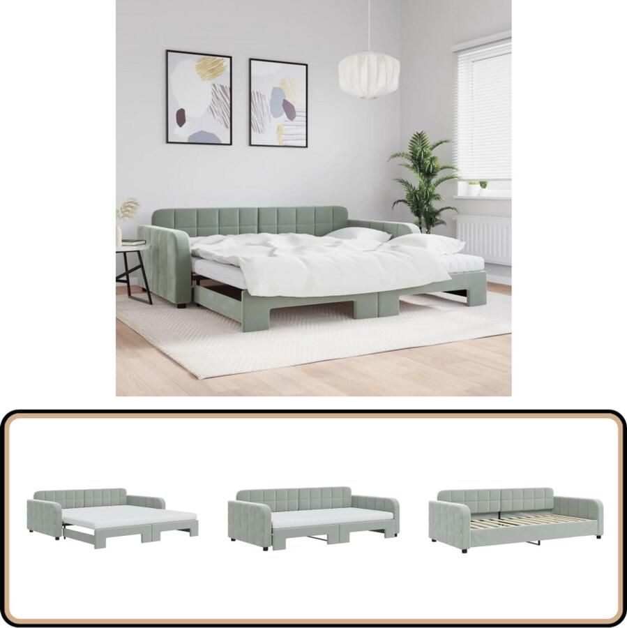 VidaXL Slaapbank met onderschuifbed Lichtgrijs Fluweel Slaapbank Sofa Bed Tweepersoons Bed Velvet Bank Grijs Meubilair Woonkamermeubel Slaapkamermeubel