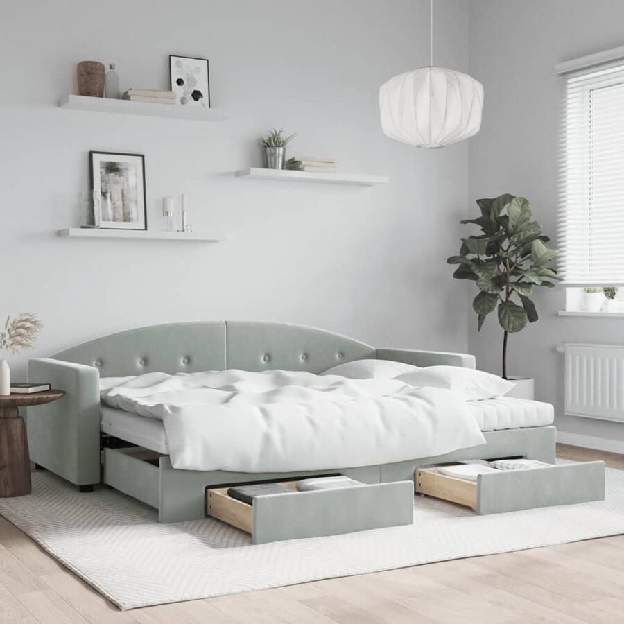 VidaXL Slaapbank met onderschuifbed lichtgrijs Slaapbank Sofa Bed Tweepersoons Bed Onder Schuifbed Opslagmogelijkheden Lounge Meubels Living Room Furniture Design Meubels Modern Interieur Licht Grijs Fluweel - Foto 2