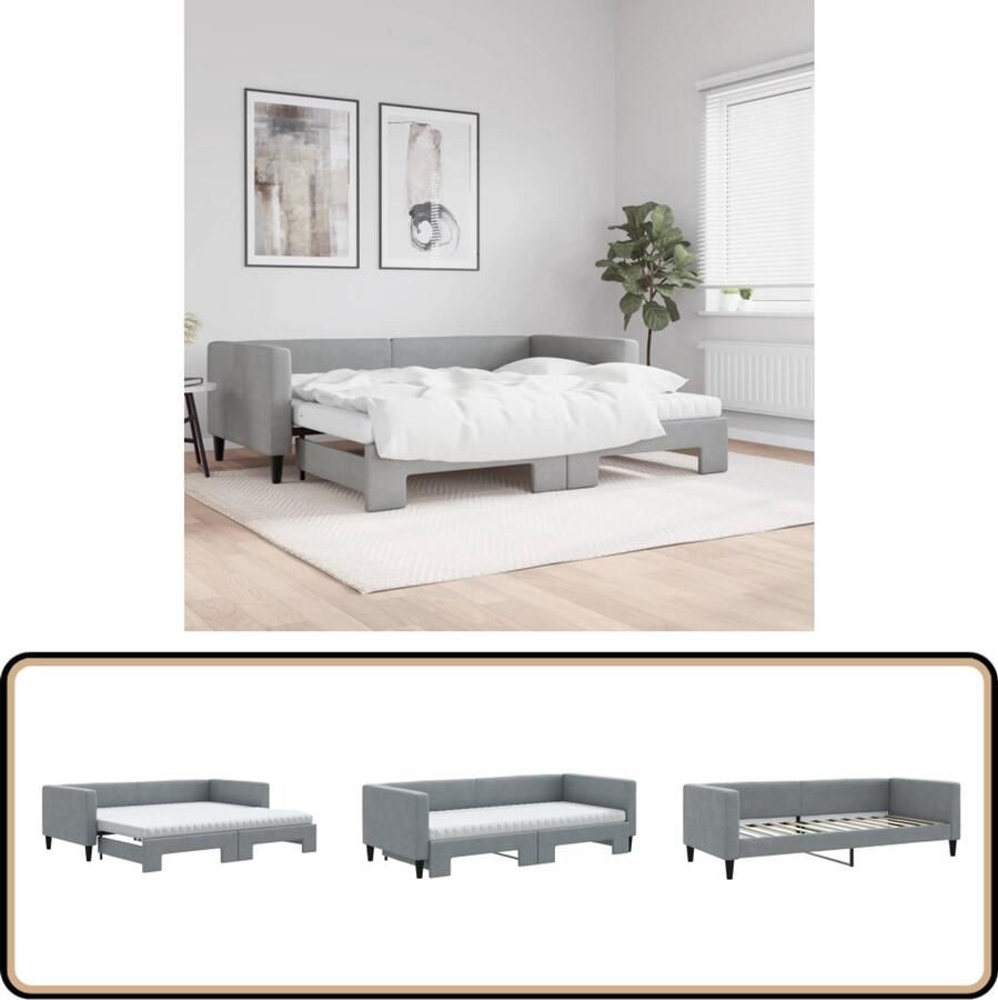 VidaXL Slaapbank met onderschuifbed lichtgrijs Slaapbank Tweepersoonsbed Sofa Bed 2-in-1 Meubels Grijs Stoffen Bank Design Bank Compact Wonen Multifunctioneel Meubel