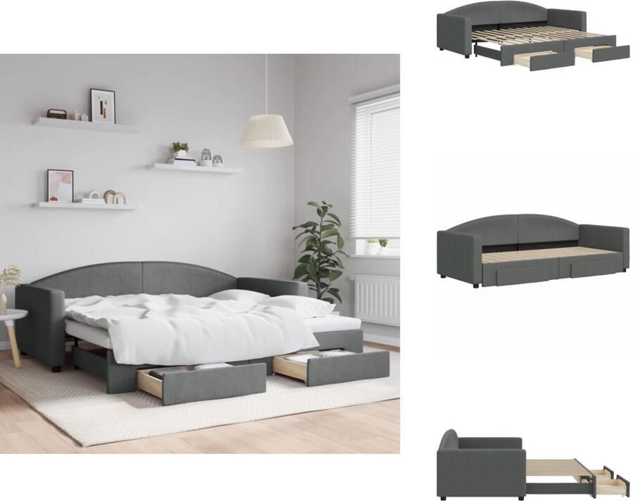 VidaXL Slaapbank Met Onderschuifbed Slaapbanken Met Onderschuifbedden Slaapbank Bedbank Slaapbank onderschuifbed en lades 90x200 cm stof donkergrijs