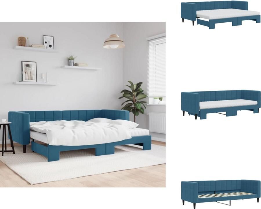 VidaXL Slaapbank Met Onderschuifbed Slaapbanken Met Onderschuifbedden Slaapbank Bedbank Slaapbank onderschuifbed en matrassen 80x200 cm fluweel blauw