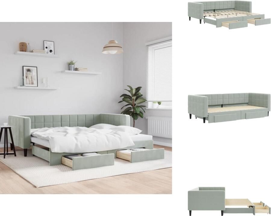 VidaXL Slaapbank Met Onderschuifbed Slaapbanken Met Onderschuifbedden Slaapbank Bedbank Slaapbank onderschuifbed en lades 90x200 cm fluweel lichtgrijs - Foto 2