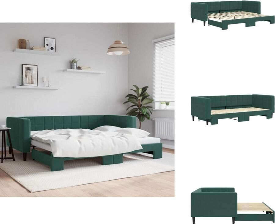 VidaXL Slaapbank Met Onderschuifbed Slaapbanken Met Onderschuifbedden Slaapbank Bedbank Slaapbank met onderschuifbed 90x200 cm fluweel donkergroen