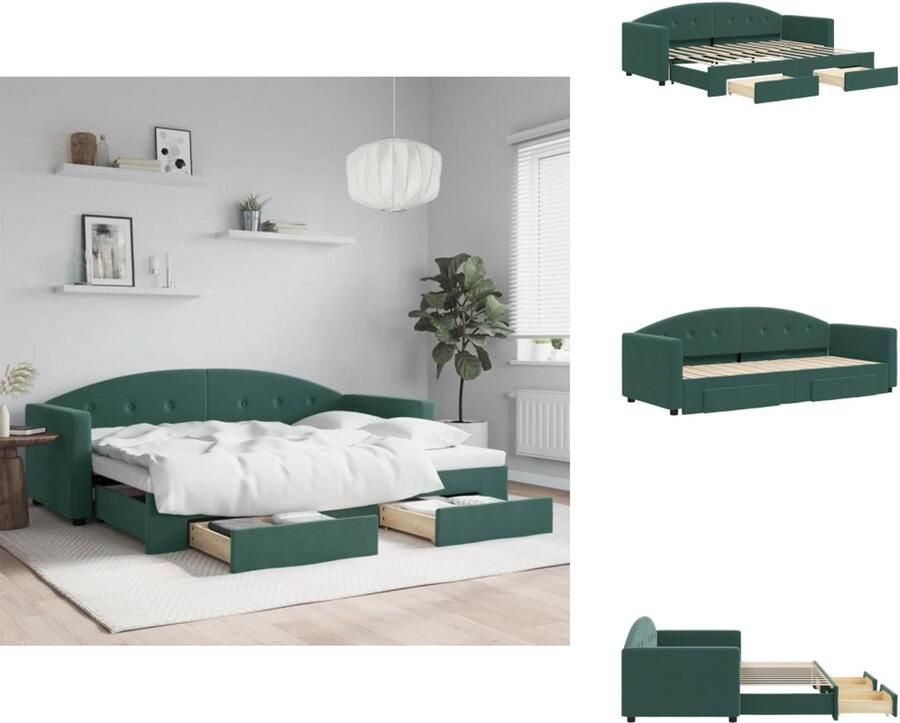 VidaXL Slaapbank Met Onderschuifbed Slaapbanken Met Onderschuifbedden Slaapbank Bedbank Slaapbank onderschuifbed en lades 80x200 cm fluweel donkergroen - Foto 2