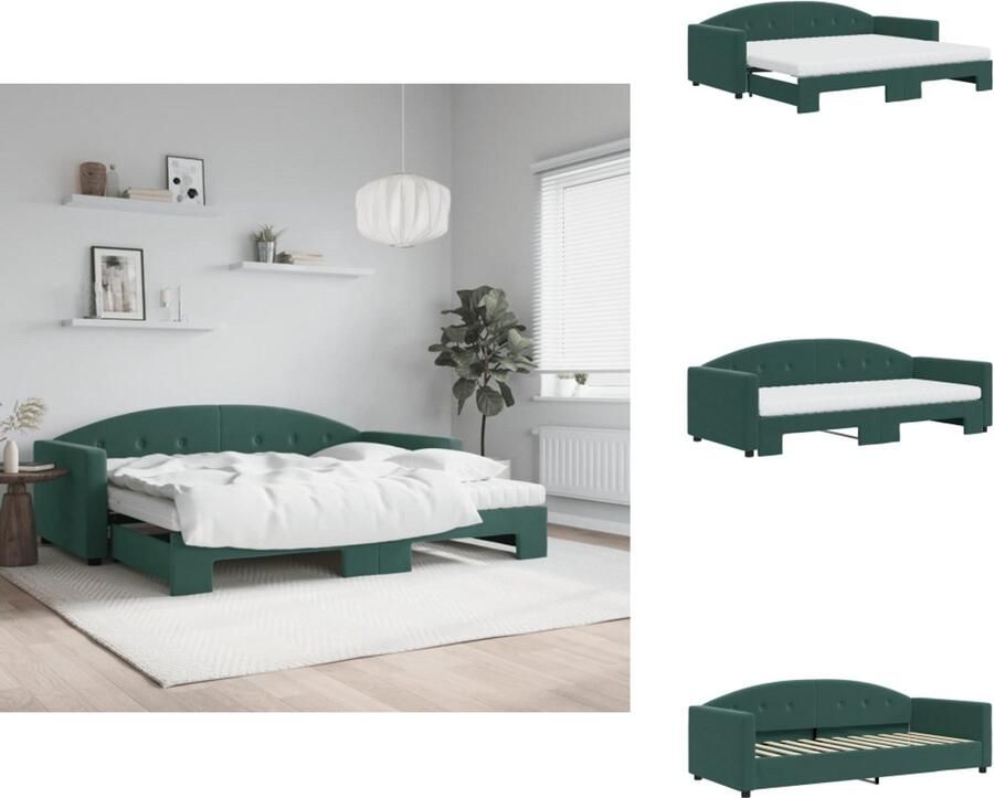 VidaXL Slaapbank Met Onderschuifbed Slaapbanken Met Onderschuifbedden Slaapbank Bedbank Slaapbank onderschuifbed matrassen 90x200cm fluweel donkergroen