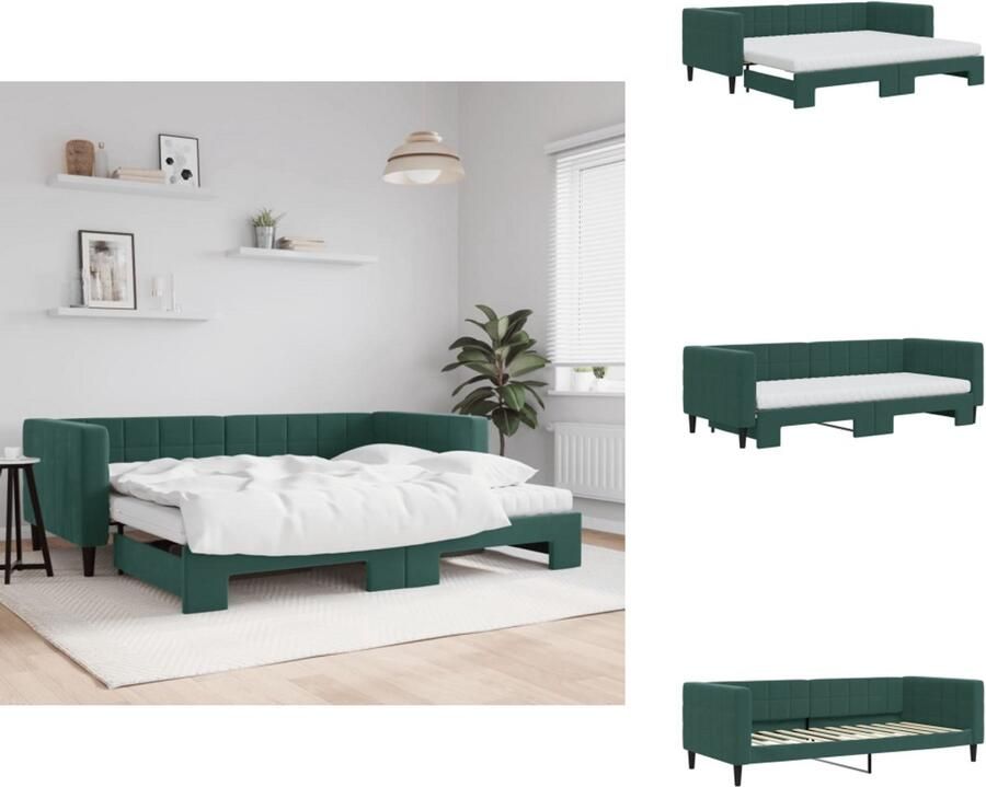 VidaXL Slaapbank Met Onderschuifbed Slaapbanken Met Onderschuifbedden Slaapbank Bedbank Slaapbank onderschuifbed matrassen 90x200cm fluweel donkergroen