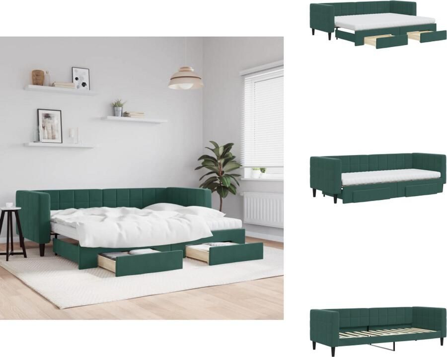 VidaXL Slaapbank Met Onderschuifbed Slaapbanken Met Onderschuifbedden Slaapbank Bedbank Slaapbank onderschuifbed en lades 80x200 cm fluweel donkergroen