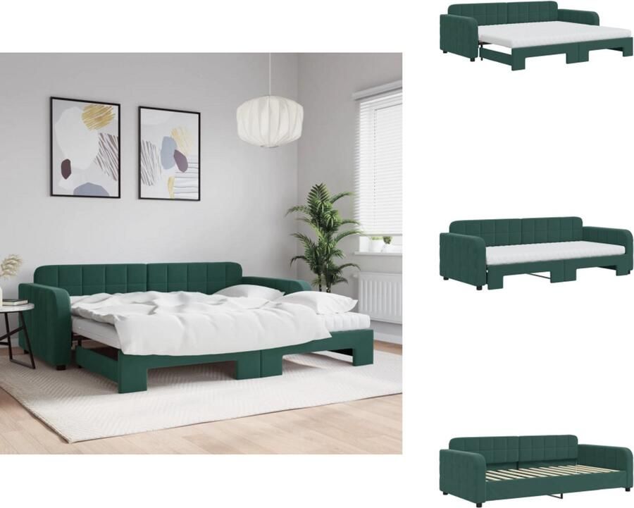 VidaXL Slaapbank Met Onderschuifbed Slaapbanken Met Onderschuifbedden Slaapbank Bedbank Slaapbank onderschuifbed matrassen 90x200cm fluweel donkergroen