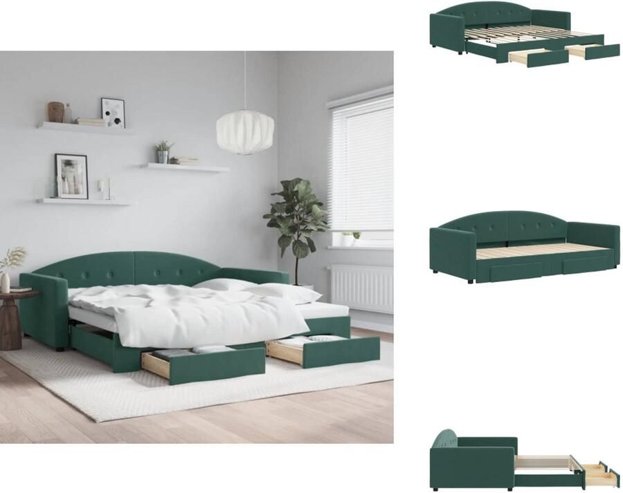 VidaXL Slaapbank Met Onderschuifbed Slaapbanken Met Onderschuifbedden Slaapbank Bedbank Slaapbank onderschuifbed lades 100x200 cm fluweel donkergroen
