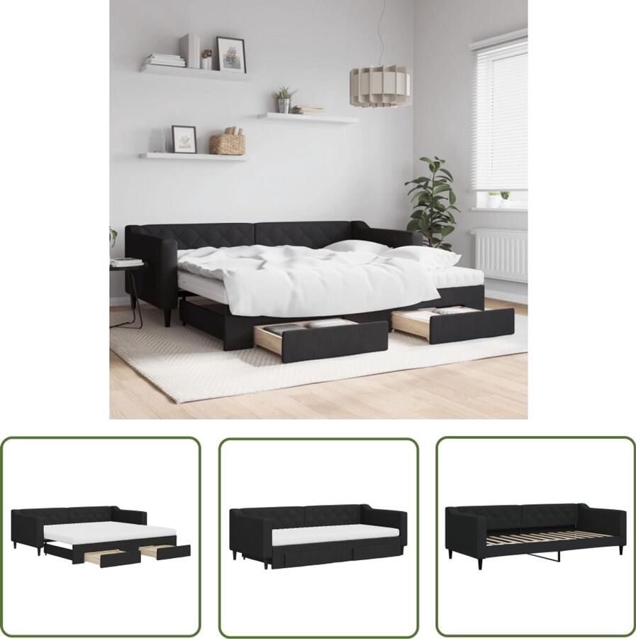 VidaXL Slaapbank met onderschuifbed Zwart 90x200 cm Slaapbank Tweepersoonsbed Onderbed Boxspring Opbergruimte Designmeubel Zwarte Meubels Moderne Slaapkamer