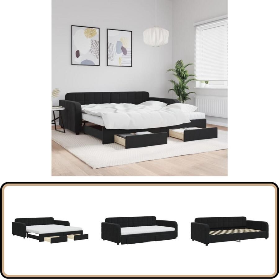 VidaXL Slaapbank met onderschuifbed Zwart Fluweel Slaapbank Tweepersoonsbed Onderschuifbed Boxspring Opbergruimte