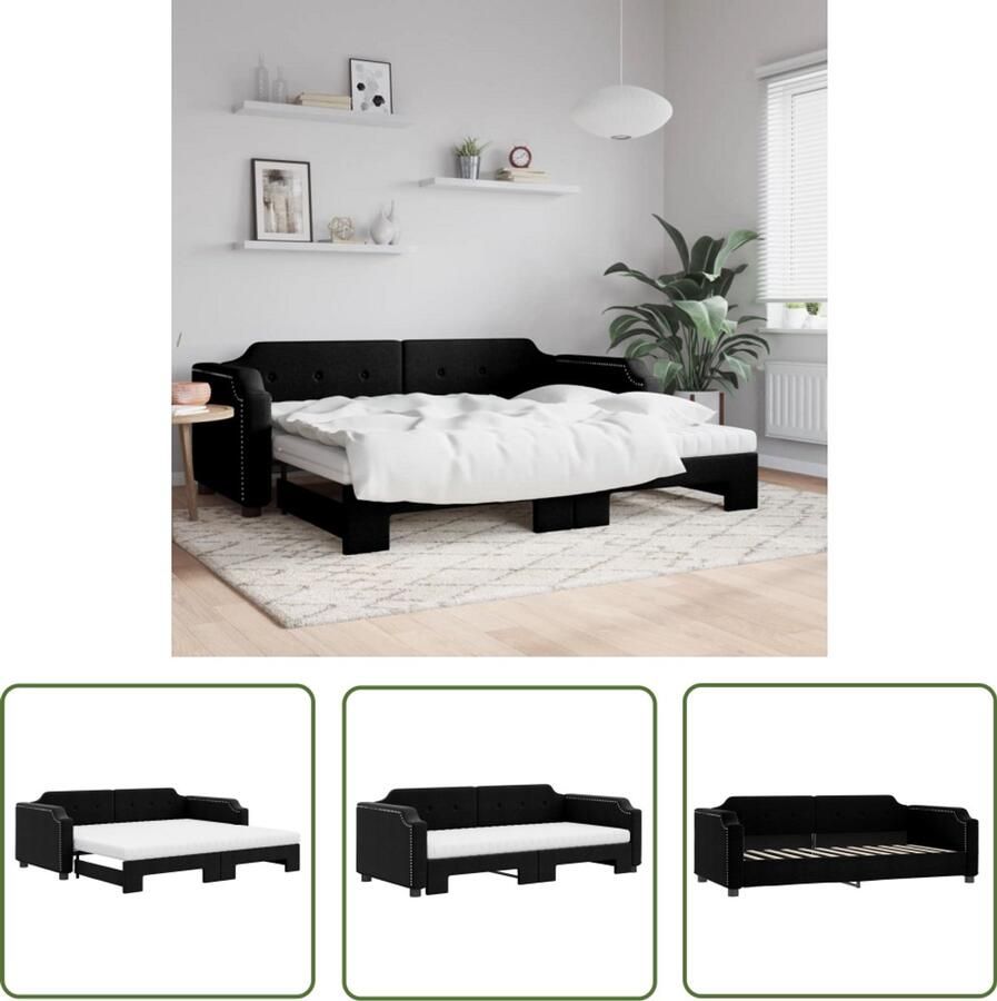 VidaXL Slaapbank met onderschuifbed Zwart Slaapbank Sofa Bed Tweepersoonsbed Boxspring Zitzak Loungebank Designmeubel Multifunctioneel Meubilair Zwart Meubel