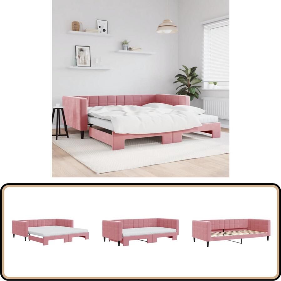 VidaXL Slaapbank Onderschuifbed 100x200 cm Fluweel Roze Slaapbank Sofa Bed Tweepersoonsbed Rozerode Meubels Designmeubelen