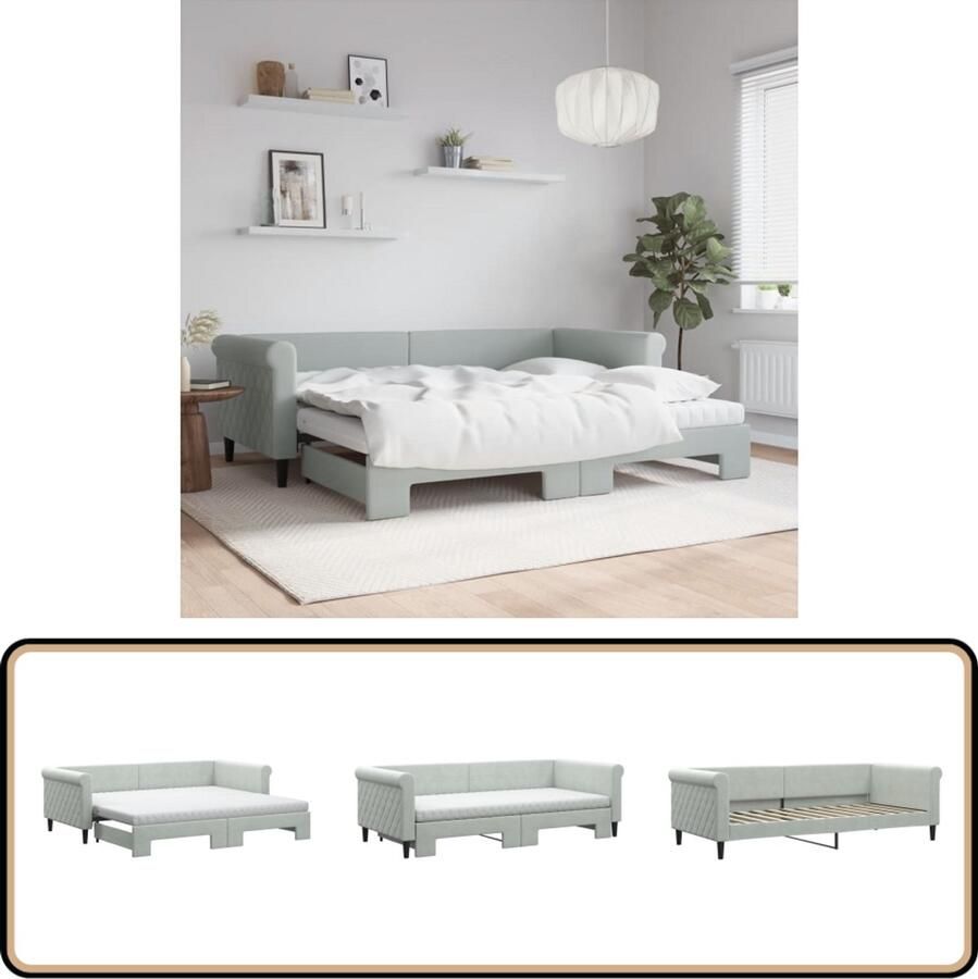 VidaXL Slaapbank Onderschuifbed 90x200 cm Fluweel Slaapbank Sofa Bed Tweepersoonsbed Fluweelsofa Grijs Meubilair Loungemeubelen Livingroom Furniture Compact Wonen