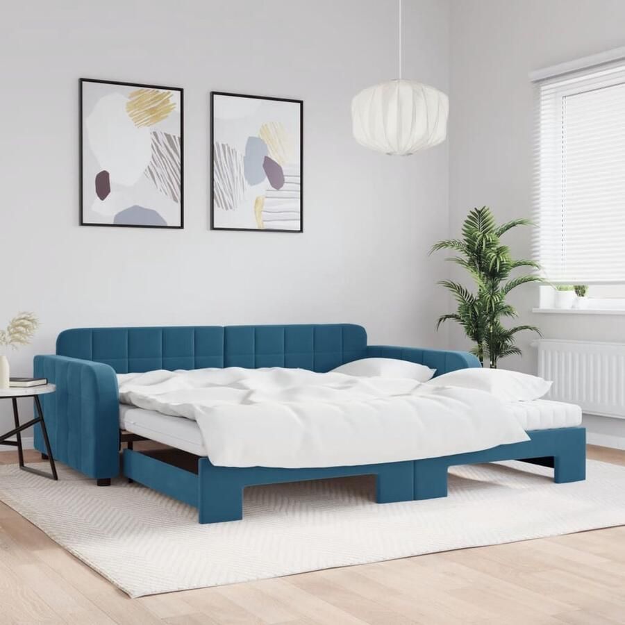 VidaXL Slaapbank Onderschuifbed Blauw Fluweel Slaapbank Sofa Bed Tweepersoonsbed Blauwe Meubels Fluweel Meubel Living Room Furniture Bedroom Furniture Compact Bed Guest Bed Multifunctioneel Meubilair - Foto 2