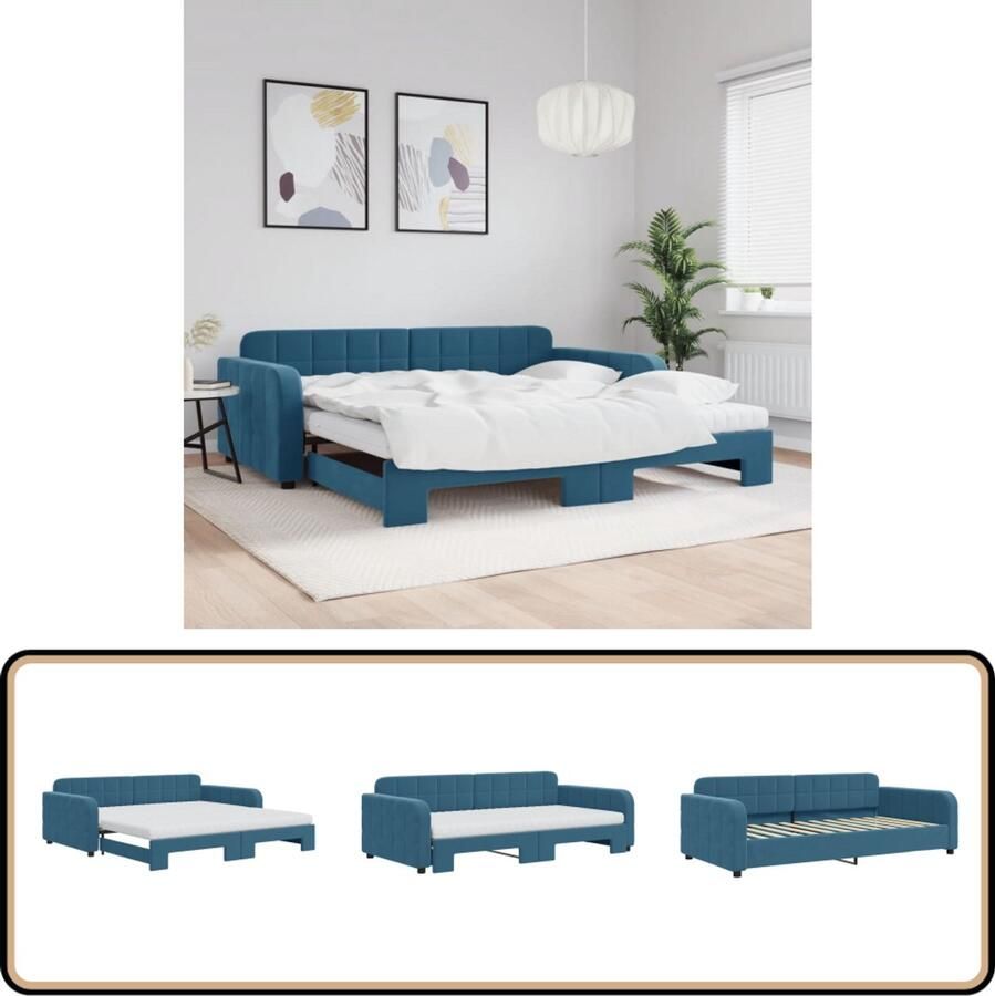VidaXL Slaapbank Onderschuifbed Blauw Fluweel Slaapbank Sofa Bed Tweepersoonsbed Blauwe Meubels Fluweel Meubel Living Room Furniture Bedroom Furniture Compact Bed Guest Bed Multifunctioneel Meubilair