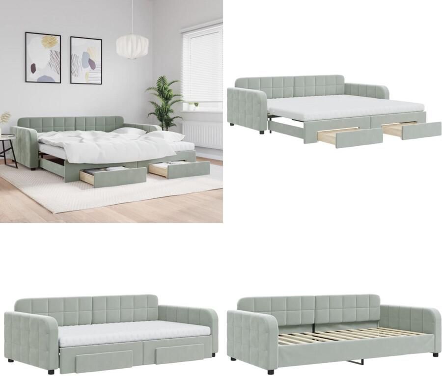 VidaXL Slaapbank onderschuifbed en lades 100x200 cm fluweel lichtgrijs Slaapbank Met Onderschuifbed Slaapbanken Met Onderschuifbedden Slaapbank Logeerbed