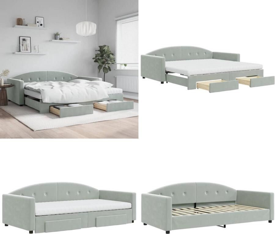 VidaXL Slaapbank onderschuifbed en lades 100x200 cm fluweel lichtgrijs Slaapbank Met Onderschuifbed Slaapbanken Met Onderschuifbedden Slaapbank Logeerbed