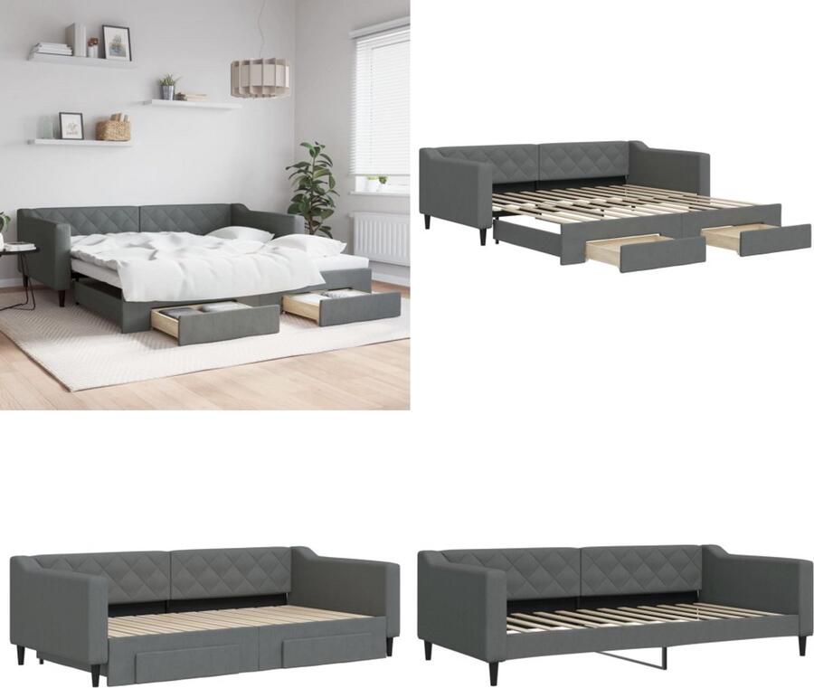 VidaXL Slaapbank onderschuifbed en lades 100x200 cm stof donkergrijs Slaapbank Met Onderschuifbed Slaapbanken Met Onderschuifbedden Slaapbank Bedbank