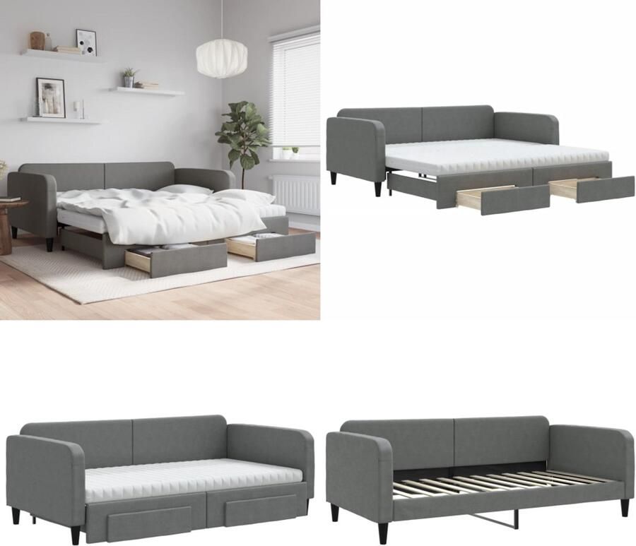 VidaXL Slaapbank onderschuifbed en lades 100x200 cm stof donkergrijs Slaapbank Met Onderschuifbed Slaapbanken Met Onderschuifbedden Slaapbank Logeerbed
