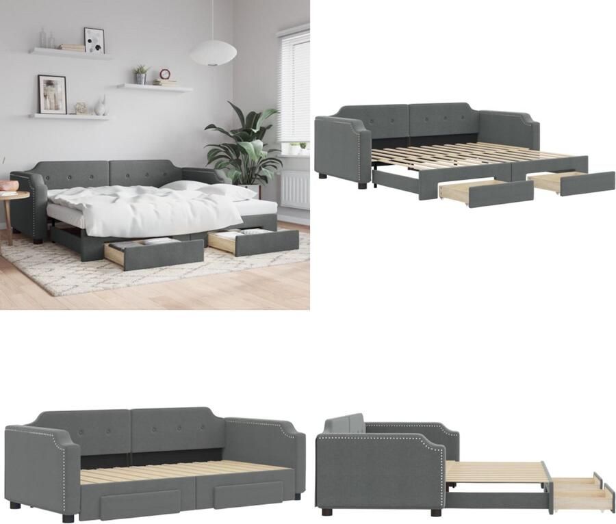 VidaXL Slaapbank onderschuifbed en lades 100x200 cm stof donkergrijs Slaapbank Met Onderschuifbed Slaapbanken Met Onderschuifbedden Slaapbank Bedbank