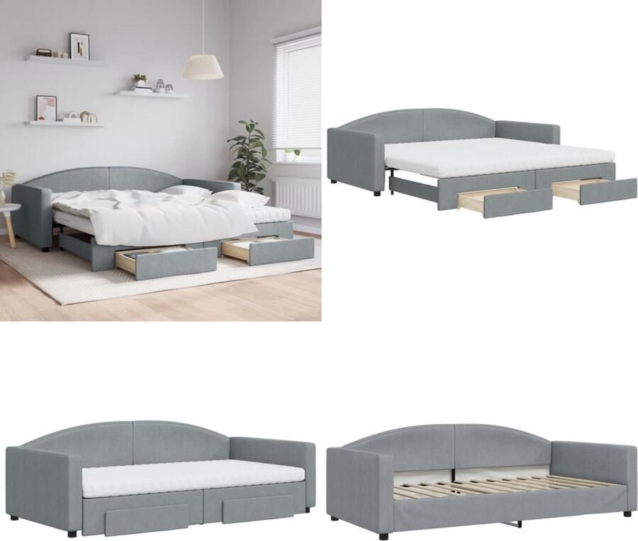 VidaXL Slaapbank onderschuifbed en lades 100x200 cm stof lichtgrijs Slaapbank Met Onderschuifbed Slaapbanken Met Onderschuifbedden Slaapbank Logeerbed