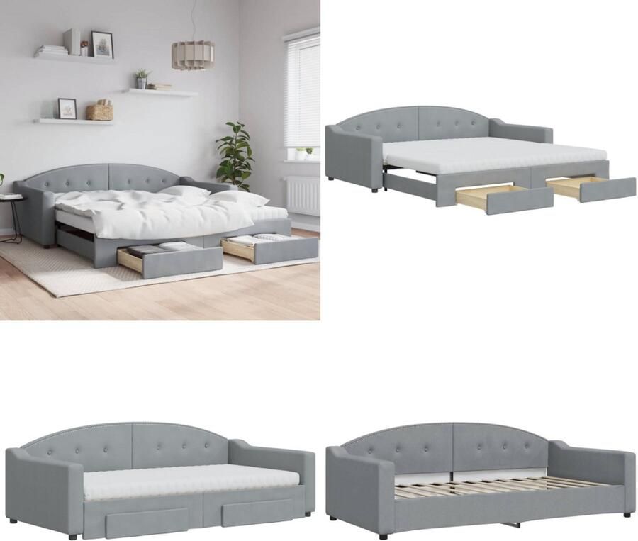 VidaXL Slaapbank onderschuifbed en lades 100x200 cm stof lichtgrijs Slaapbank Met Onderschuifbed Slaapbanken Met Onderschuifbedden Slaapbank Logeerbed
